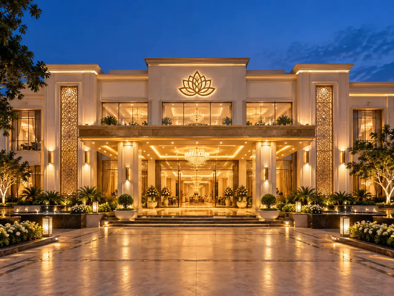 The lit entrance of the reception hall at dusk