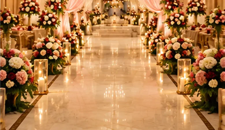 A flower-lined aisle leading to the stage