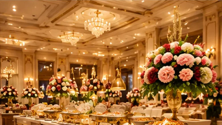 A buffet counter laid out for guests