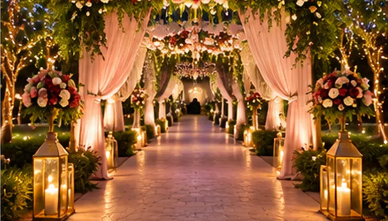 A flower arch over an outdoor walkway at night