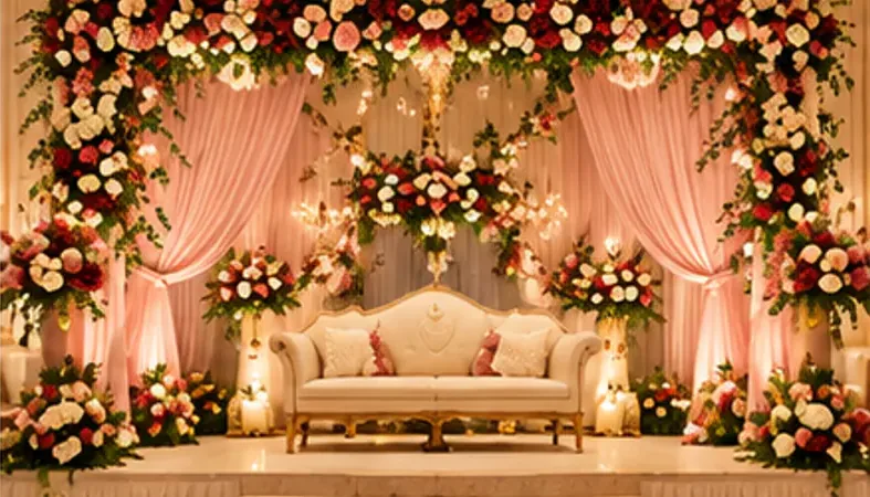 A floral reception stage with a white sofa