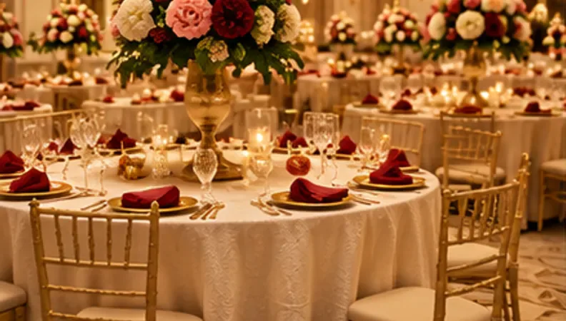 Dining tables with tall floral centrepieces