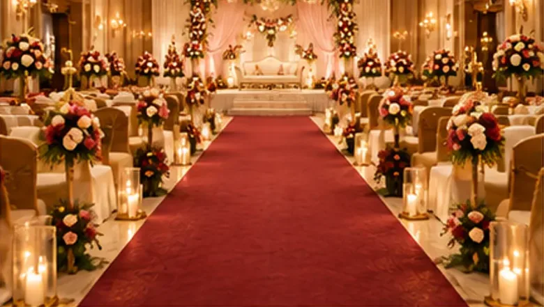 An intimate banquet hall with a red carpet and chandeliers