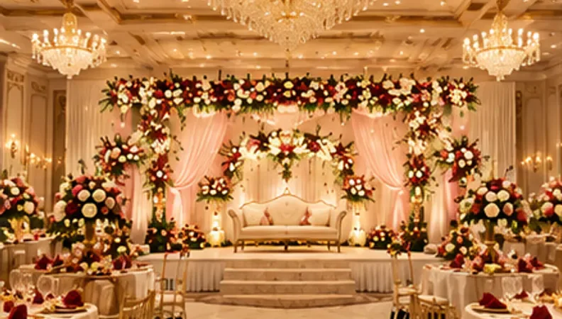 A grand cream and gold reception hall with a floral stage