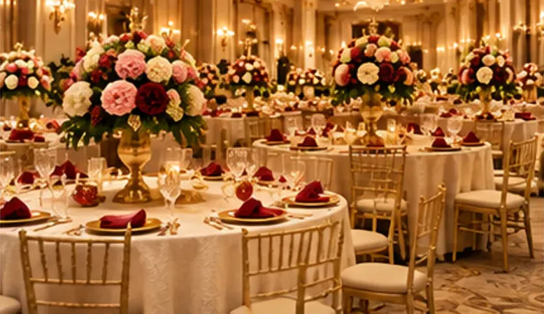 A gold-lit banquet hall set for dinner