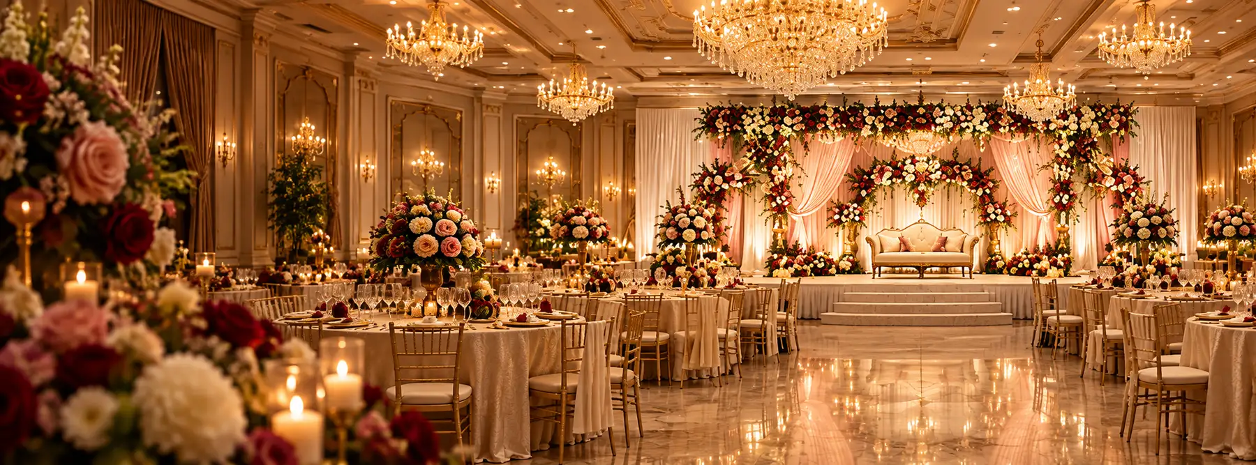 A luxurious cream and gold reception hall prepared for a wedding