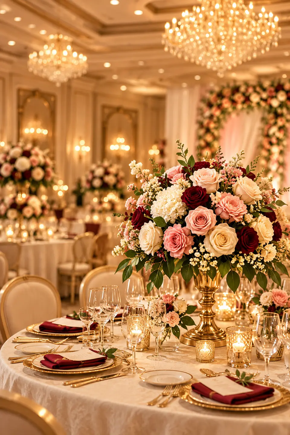 A floral centrepiece on a dining table