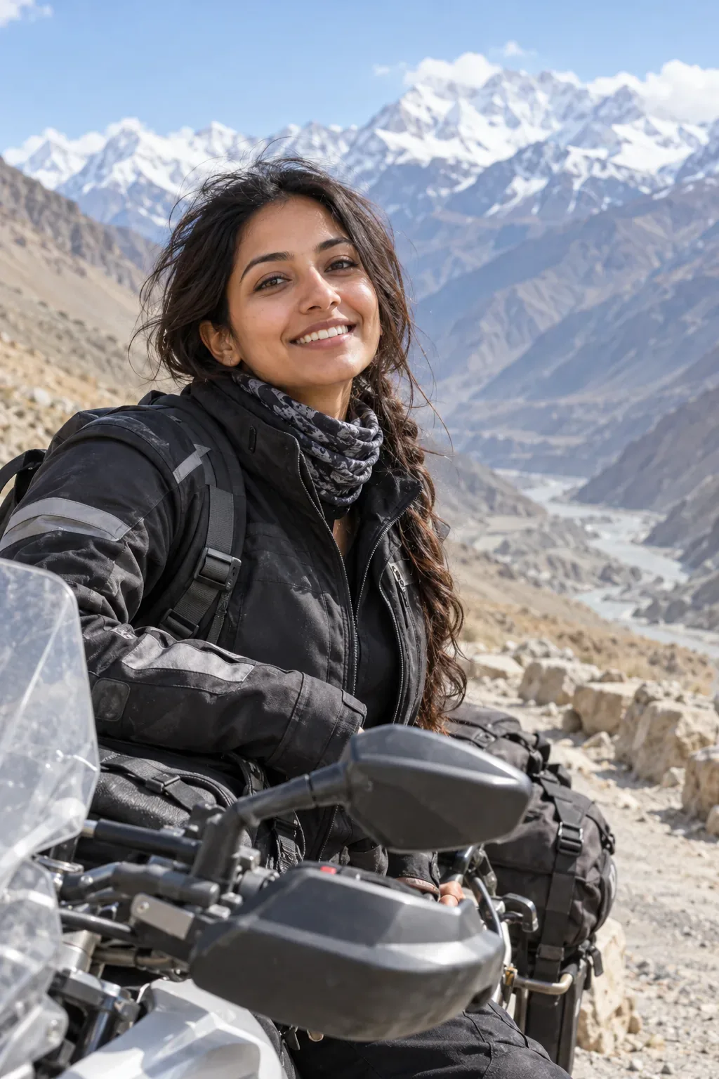 The rider smiling in the mountains
