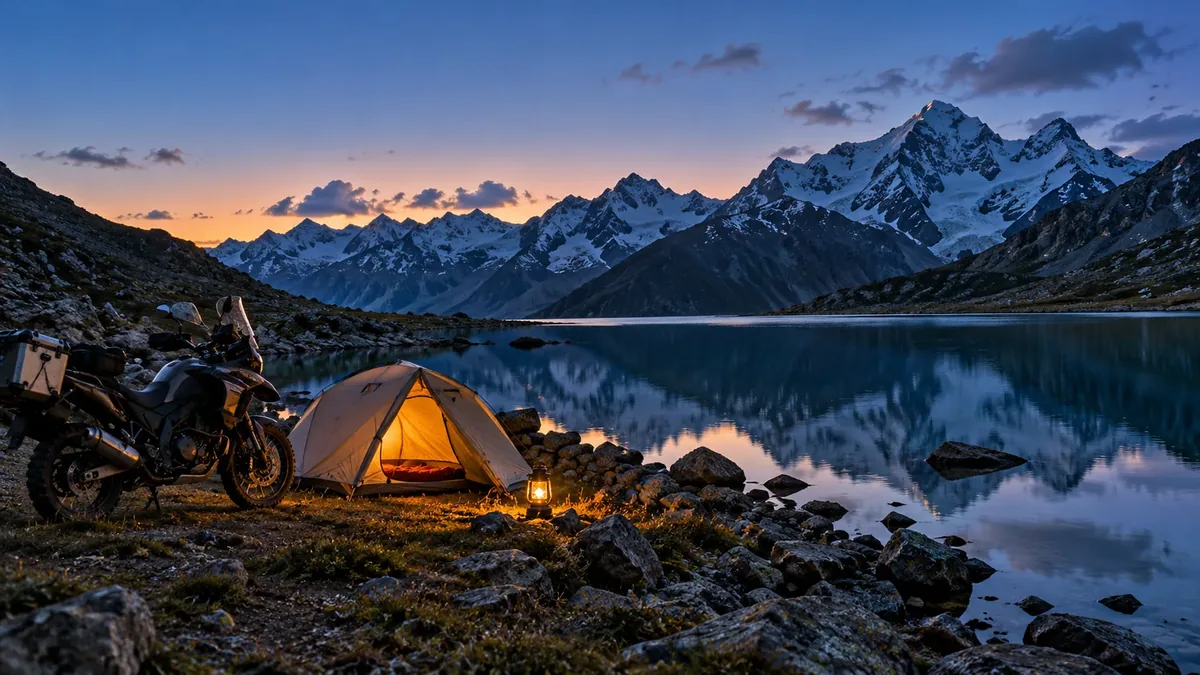 A tent beside a mountain lake