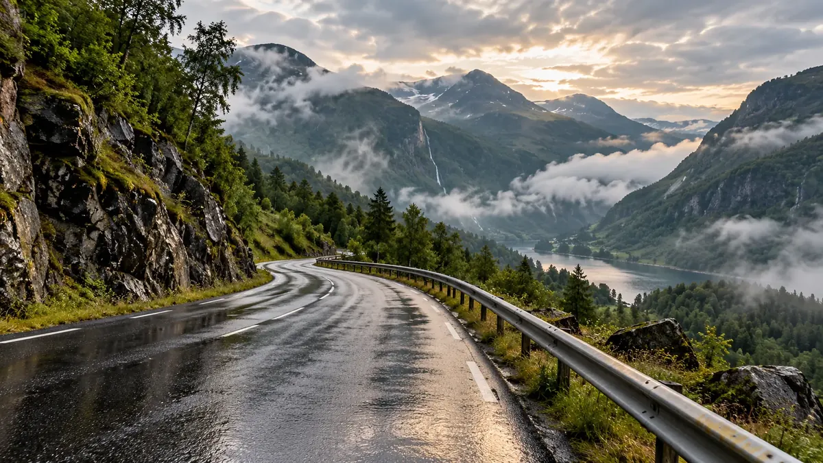 A winding road through green hills