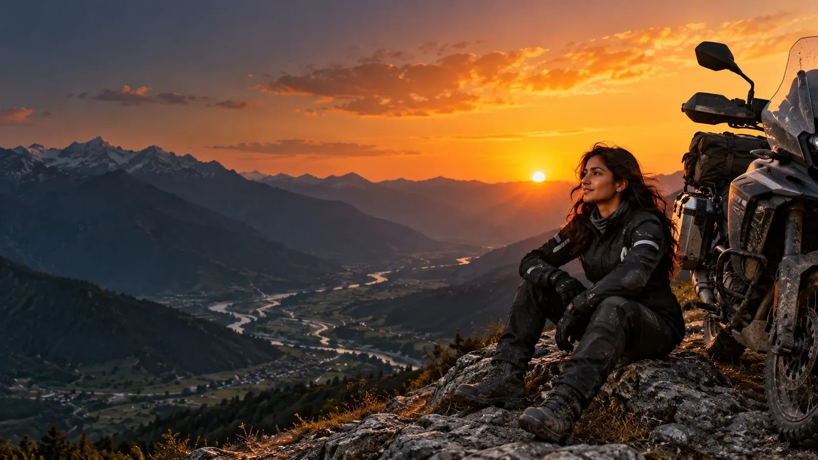 A rider resting beside her motorcycle above a valley at sunset