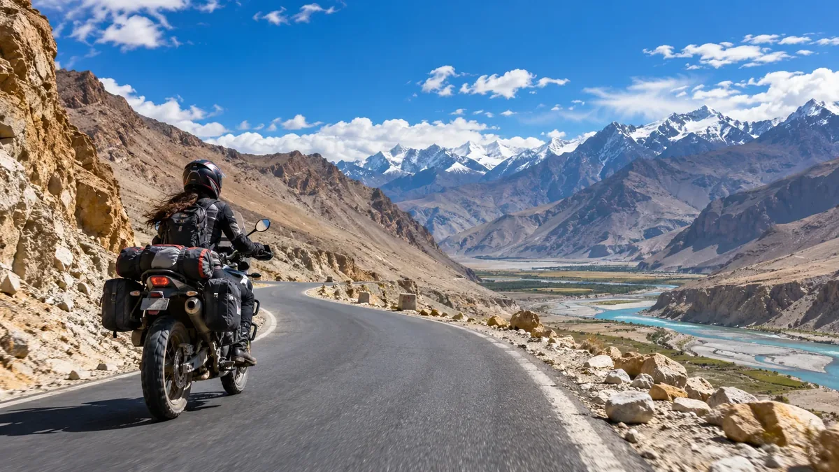 Riders on a mountain road in Ladakh