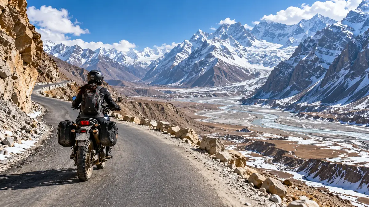 A road through a snow-capped valley