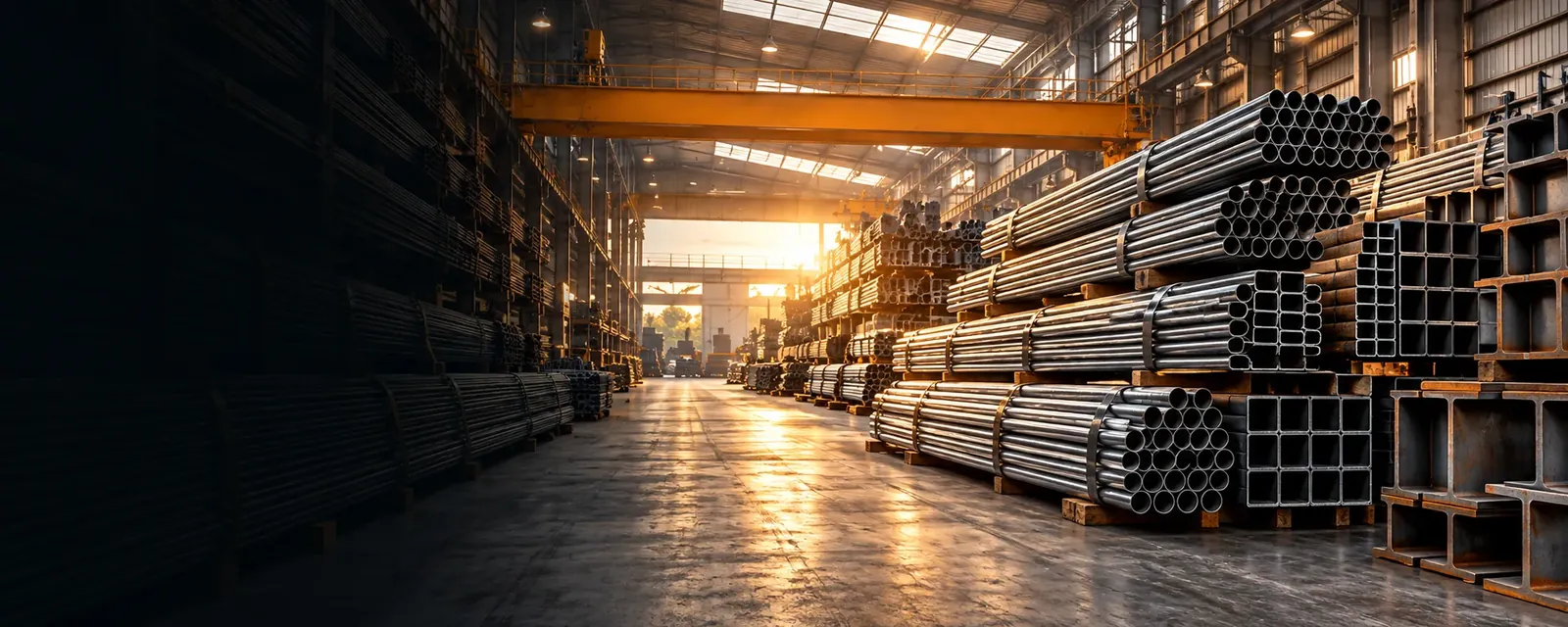 Stacks of steel pipes and bars in a warehouse