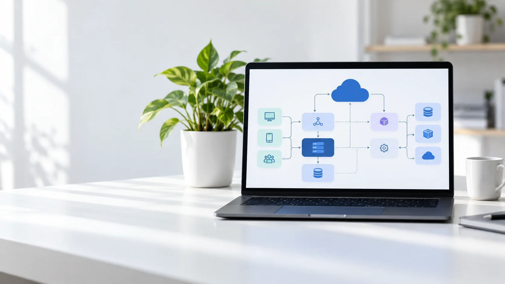 A laptop displaying a cloud architecture diagram on a bright desk with a plant and coffee mug
