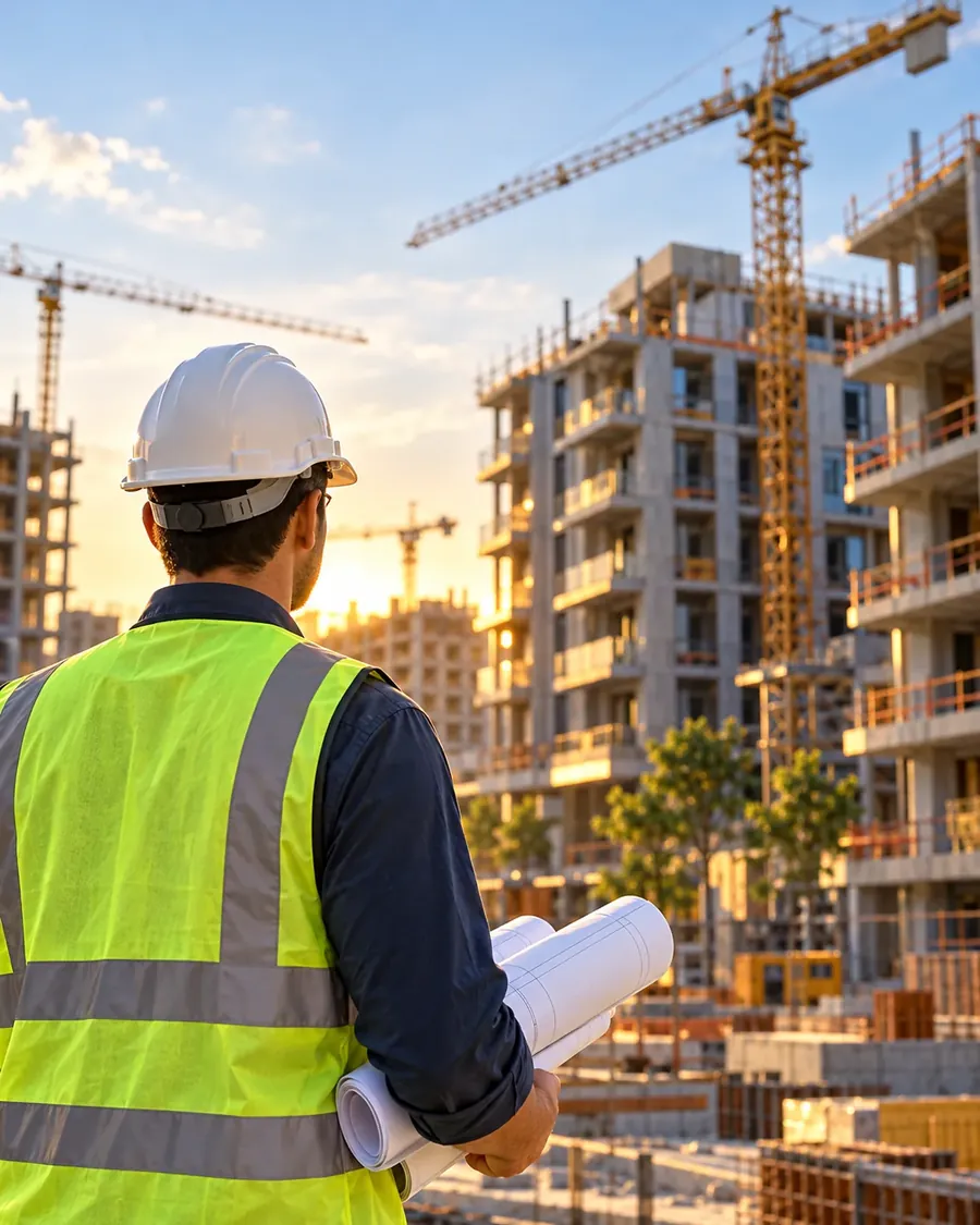 A site engineer reading drawings at a construction site