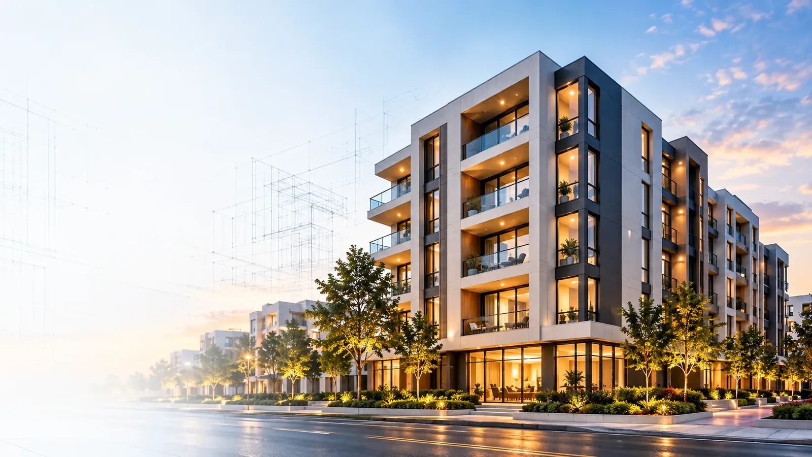 A new apartment building lit up at dusk beside a crane