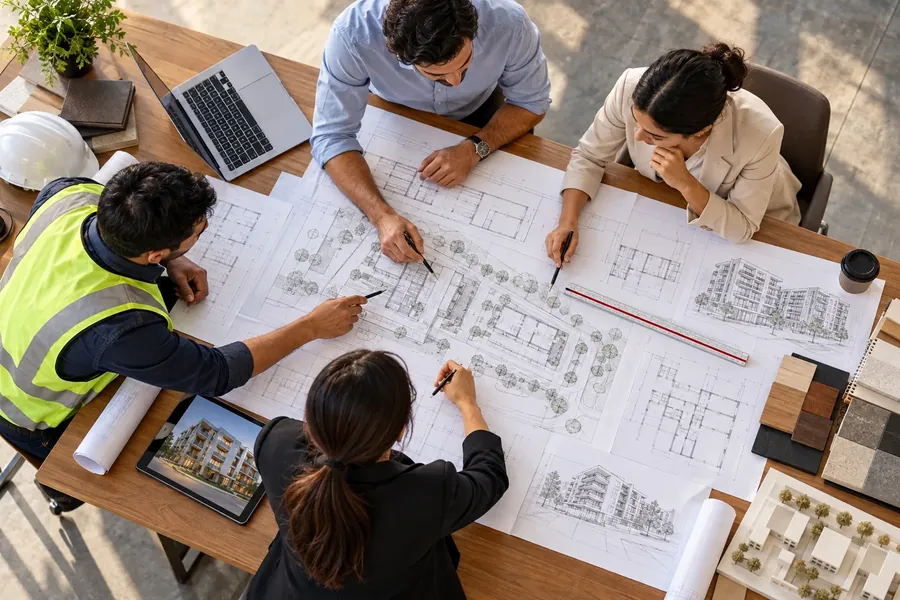Engineers reviewing drawings at a table