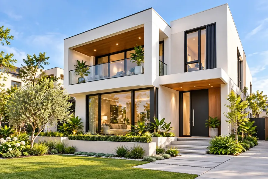 A modern villa at dusk