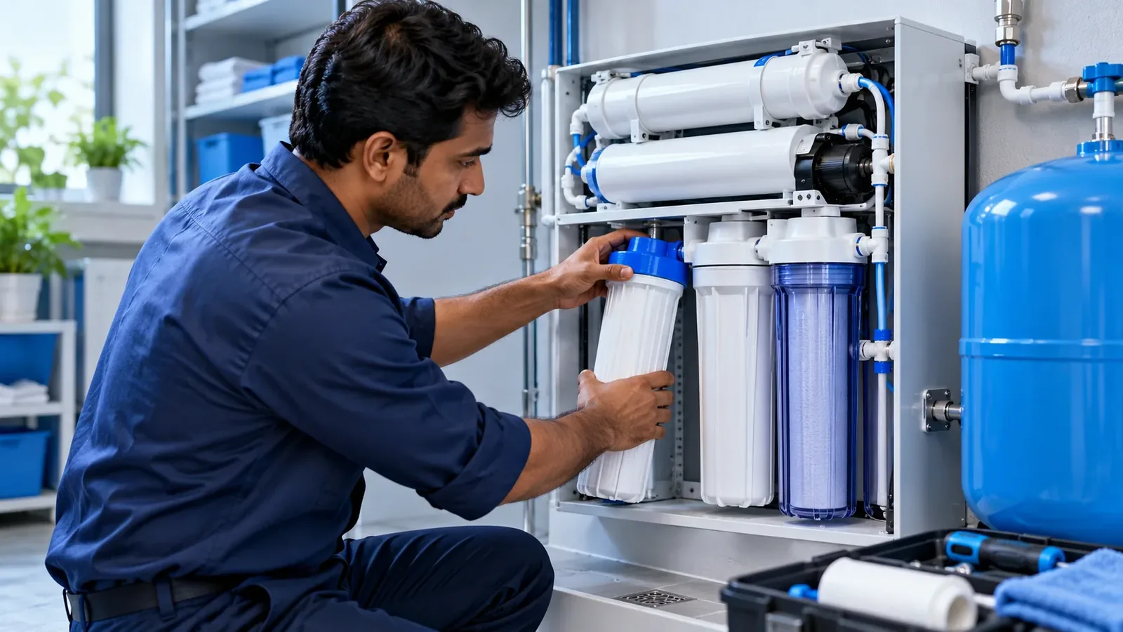 A technician servicing a water system