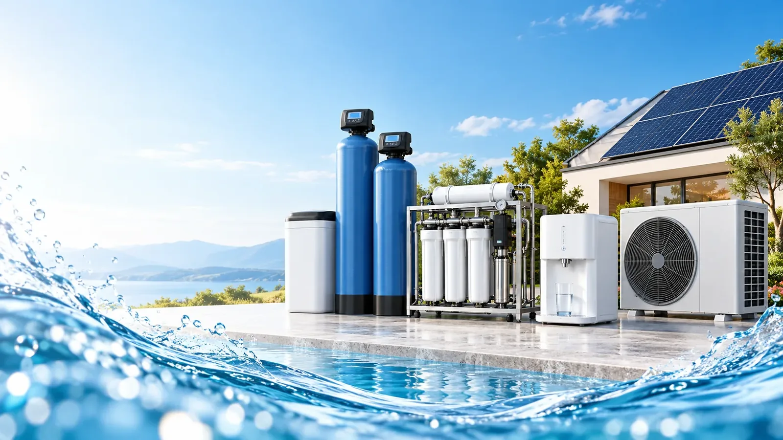 Water treatment equipment, a heat pump, and solar panels