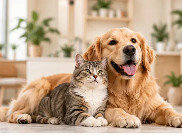 A golden retriever and a tabby cat side by side
