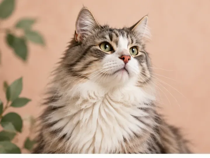 A tabby cat looking up
