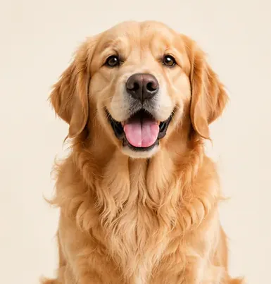 A smiling adult golden retriever