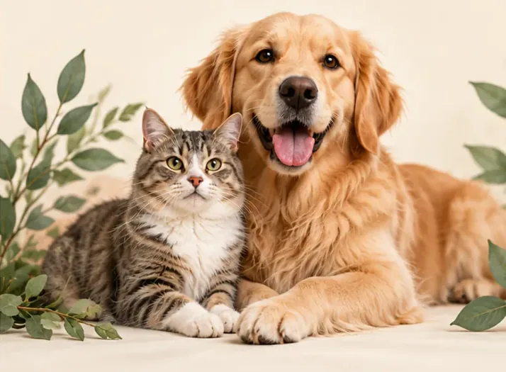 A drawing of a dog and a cat among leaves