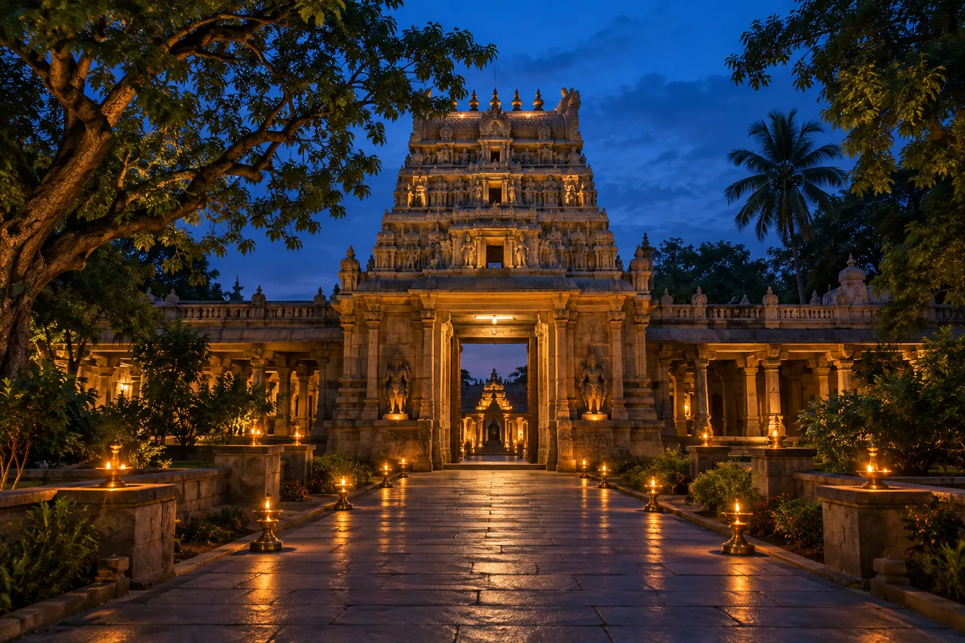 A South Indian temple gateway in evening light