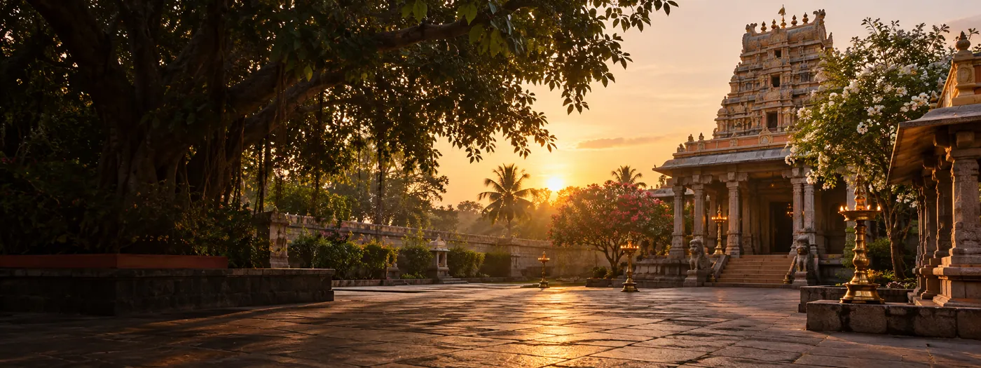 South Indian temple courtyard in warm morning light