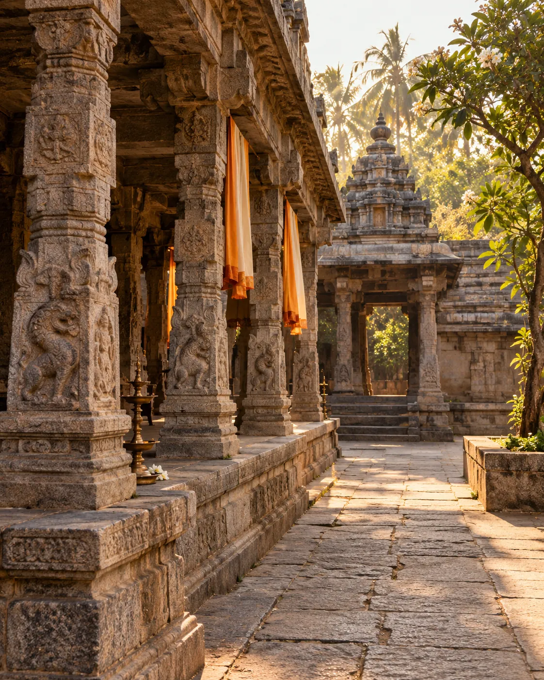 Historic temple colonnade in soft afternoon light