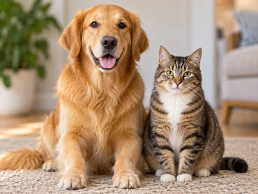 A golden retriever and a tabby cat