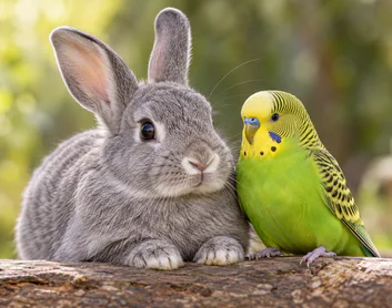 A rabbit and a green parakeet
