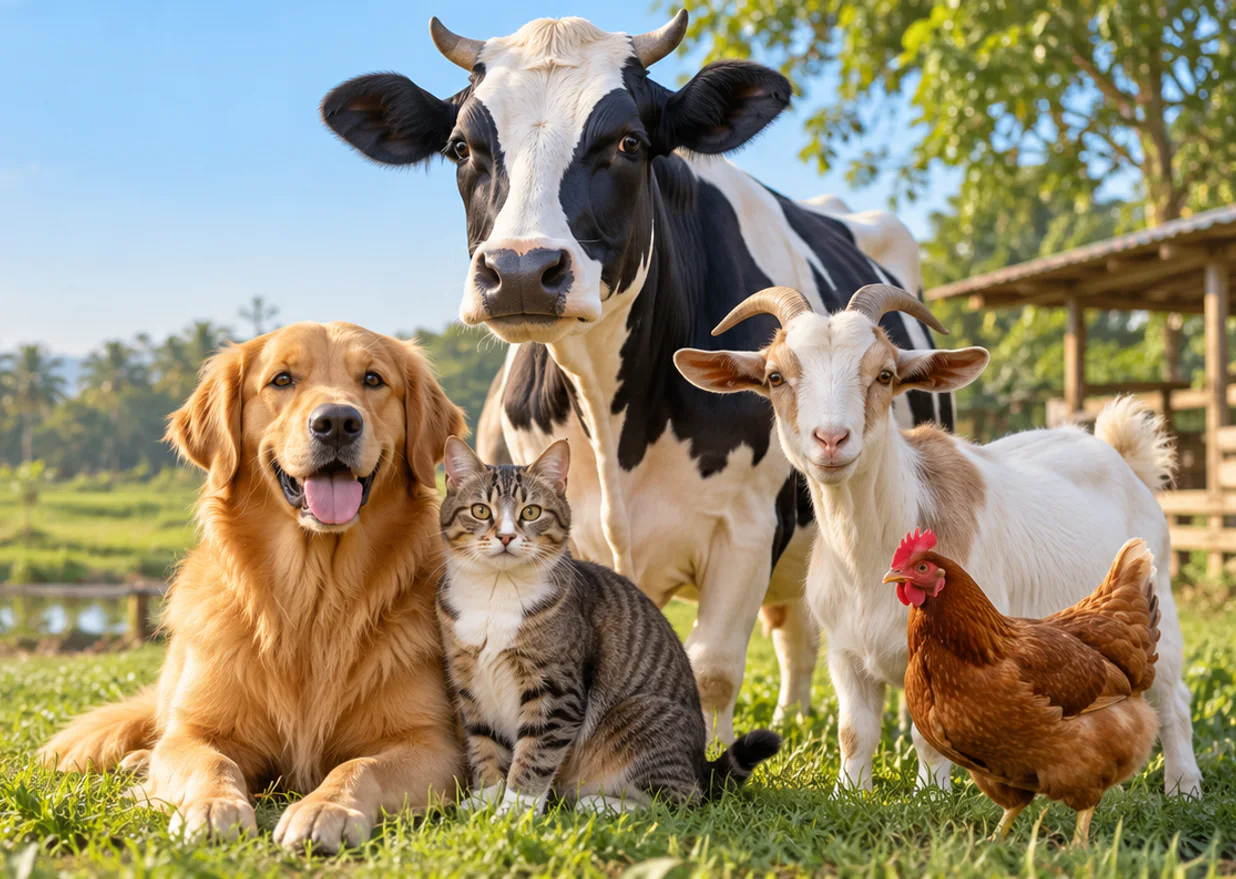 A dog, a cat, a cow, goats and hens together in a field
